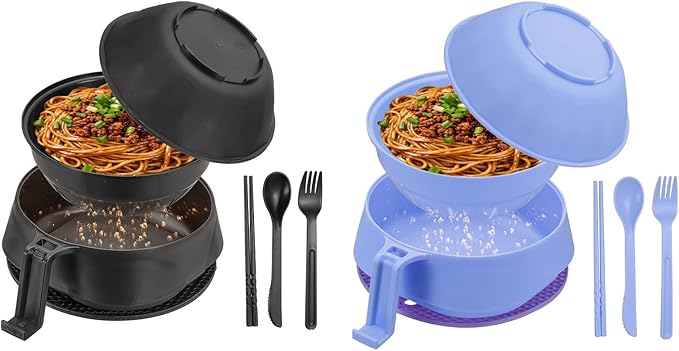 uxcell 2 Sets Microwave Ramen Bowl Set, Wheat Fiber Noodle Bowls Plastic Cooker with Lid Handle Fork Spoon Chopsticks for College Dorm Room Apartment, (Black/Purple)