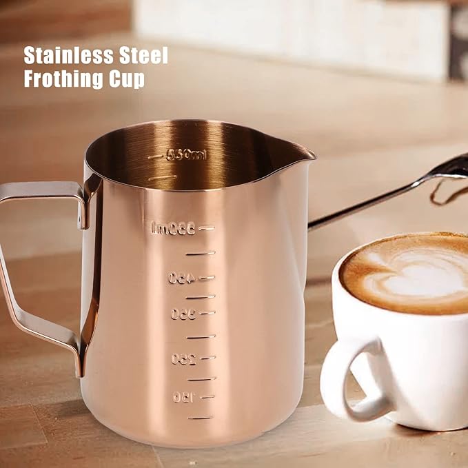 Frothing Cup, Coffee Milk Pitcher 550ML With Scale Rose Gold Stainless Steel Steaming Pitcher