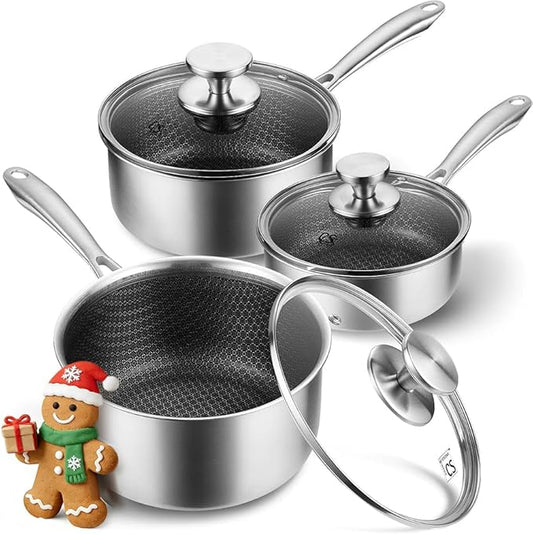 KOCH SYSTEME CS Hybrid Nonstick Stainless Steel Saucepan Set, 6-Piece Triply Stainless Steel Saucepan Set with Hybrid Honeycomb Interior, 1QT & 2QT & 3QT Sauce Pans, Induction Ready, Steel Pot Set