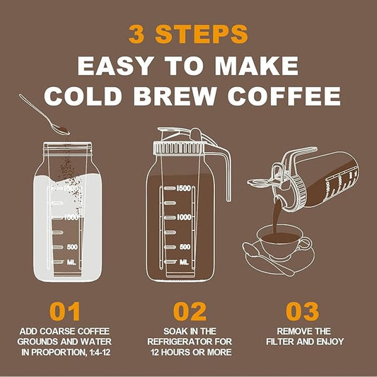 JunVpic Cold Brew Coffee Maker Jar - 64oz Thick Glass Multipurpose Mason Pitcher Spout Lid with Handle & Stainless Steel Filter for Iced Coffee, Lemonade, Ice Tea, Homemade Fruit Drinks Container