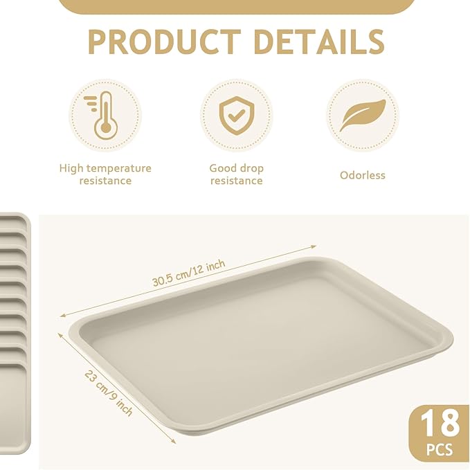 Gerrii 18 Pcs Plastic Fast Food Trays Bulk Restaurant Serving Cafeteria Tray Grill School Lunch Tray Rectangular Serving Platter for Kitchen Hotel Restaurant (Khaki,12 x 9 Inch)