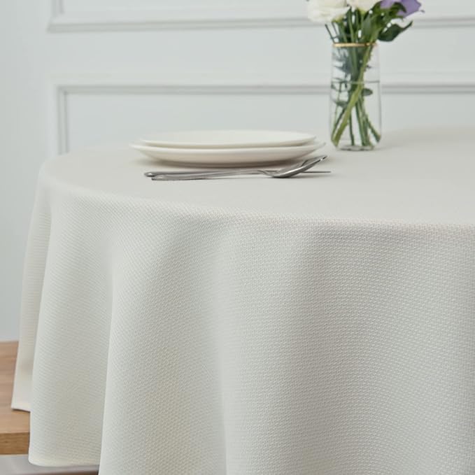 maxmill Round Textured Tablecloth Spill-Proof Wrinkle Free Soft Jacquard Table Cloth for Circular Table Cover, for Dining Room Buffet Banquet Parties Holiday Dinner, 70 Inch Ivory