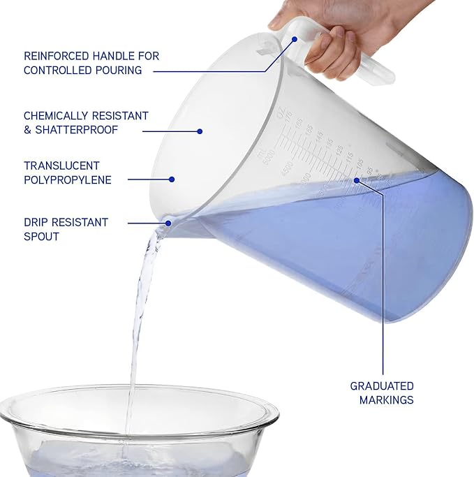 5 Liter Measuring Pitcher | 1.3 Gallon Shatterproof Plastic Large Graduated Mixing Pitchers, 1 to 2 Gallons (5L, 5000ml)