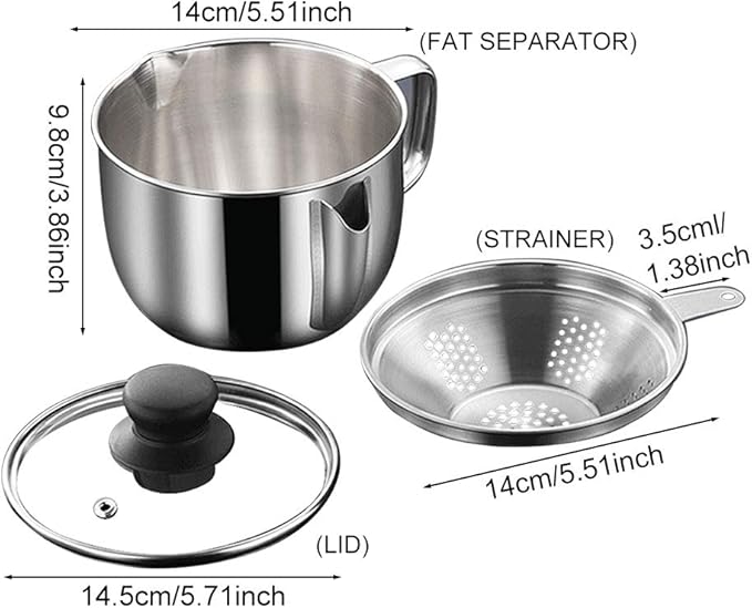 Stainless Steel Fat Separator 4 Cup/1000ML Gravy Grease Separator with Strainer and Glass Lid, Soup Oil Separator Cup for Cooking, Oil Soup Separator Strainer Pot for Kitchen (Silver)