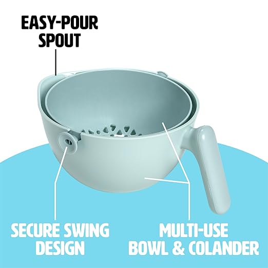 Tasty 2-in-1 Swing Bowl Colander, Built-In Strainer Basket with Handle, Kitchen Hack for Rinsing and Draining for Fruits, Vegetables, and Pasta, 2.1-Quart Bowl + 1.9-Quart Strainer, Aqua