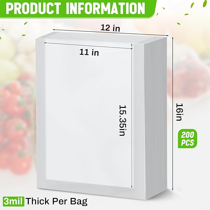 Woanger 200 Count Vacuum Sealer Bags for Food Clear Vacuum Chamber Sealer Bags 3 Mil 12" x 16" Bpa-free Grade Pouches for Food Storage