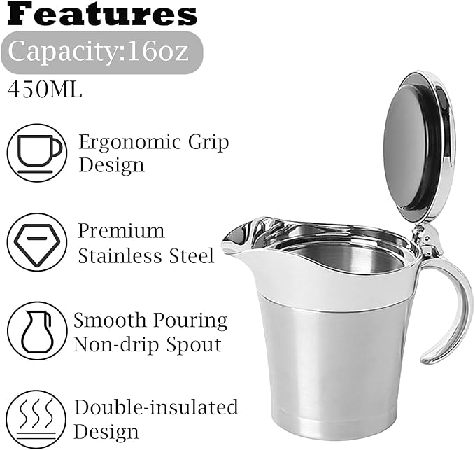Stainless Steel Gravy Boat with Hinged Lid, Double Insulated Gravy Boat for Hot & Cold Sauces, Holiday Dinners and Thanksgiving (450ML/16 OZ)