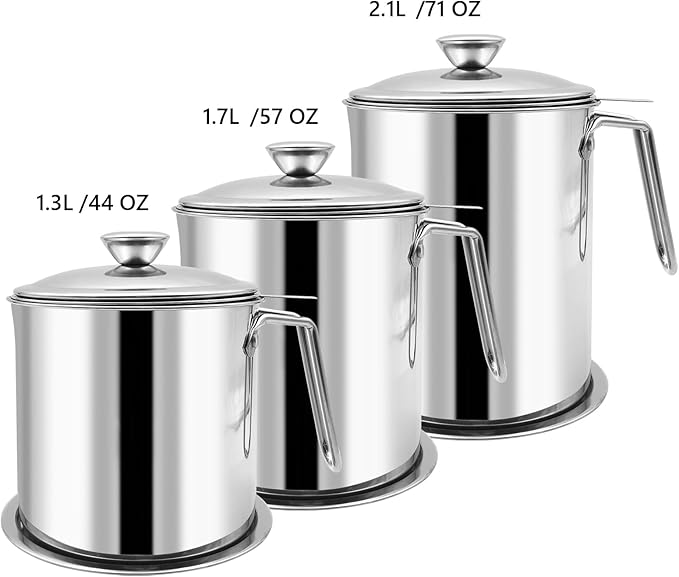 Bacon Grease Container With Strainer, 2.1L Grease Strainer and Container with Dust-Proof Lid, 304 Stainless Steel Oil Filter Storage with Fine Mesh 2.1L