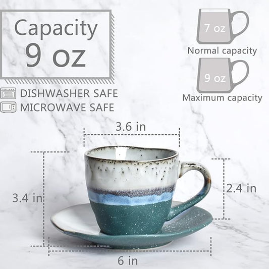 Bosmarlin Stoneware Coffee Cup Mug with Saucer Set of 2 for Latte, Cappuccino, Tea, Oz, Dishwasher and Microwave Safe (Green, 2)