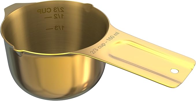 Color Up ⅔ Cup Measuring Cup (160 ml) – Premium Gold Stainless Steel, Accurate for Wet & Dry Ingredients, Embossed Markings, Easy-Pour Spouts, Dishwasher-Safe, Kitchen Essential