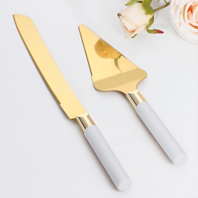 TUKDAK Gold Cake Cutting Set for Wedding, Wood Cake Knife & Server Set, Vintage 2-Piece Pie Cutter Serving Set, Serrated Pizza Utensils, Anniversary Birthday Bridal Gift (White)