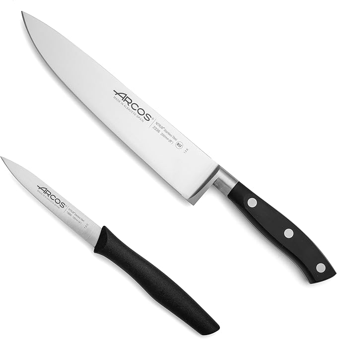 Arcos 2-Piece Precision Knife Set - Ultra-Sharp 8-Inch Chef's Knife & 3-Inch Paring Knife, Spanish Engineered with Over 290 Years of Expertise, Ergonomic Black POM Handle, 10-Year Warranty