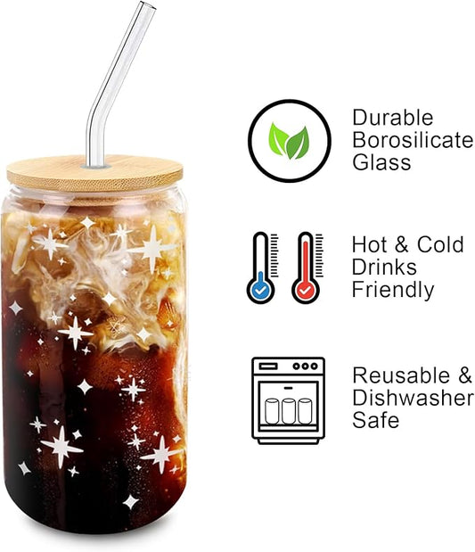 Glass Cups with Lids and Straws 2 Pack, Mason Jar Drinking Glass 16oz, Cute Preppy Iced Coffee Tumbler with Bamboo Lids & Straws, Aesthetic Stars Party & Gift Set