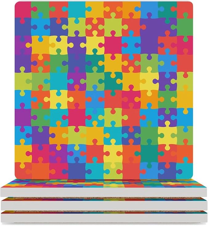 Gamer Drink Coasters, Square Ceramic Drink Coaster Square-4PCS, Kids Colorful Builing Puzzle Toys Decor Absorbent Ceramic Coasters for Beverage Cup, Bar, Coffee Table
