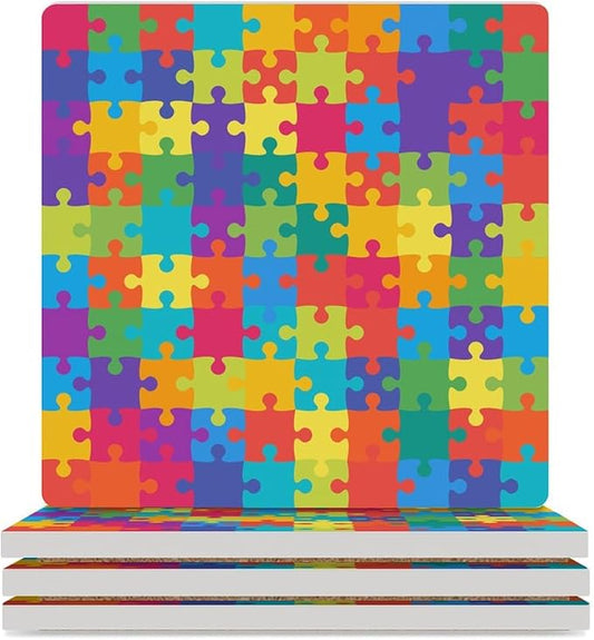 Gamer Drink Coasters, Square Ceramic Drink Coaster Square-4PCS, Kids Colorful Builing Puzzle Toys Decor Absorbent Ceramic Coasters for Beverage Cup, Bar, Coffee Table