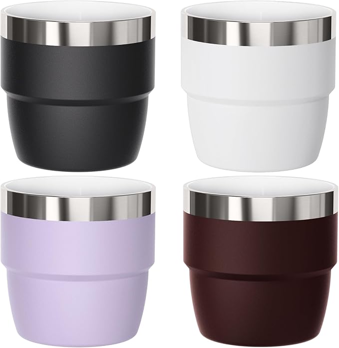 4 oz Small Espresso Cup, Ceramic-Lined 18/8 Stainless Steel, Double-Wall Vacuum Insulated, Stackable, Dishwasher Safe, Fits Most Espresso Machines, 4 Pack, Black/White/Lilac/Wine Red