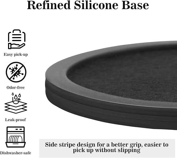 Sleek Absorbent Coasters with Holder – Silicone Cup Mat with Removable Felt Insert Non-Slip, Non-Stick, for Coffee Tables, Kitchen Décor – Set of 6 Coasters (Black)
