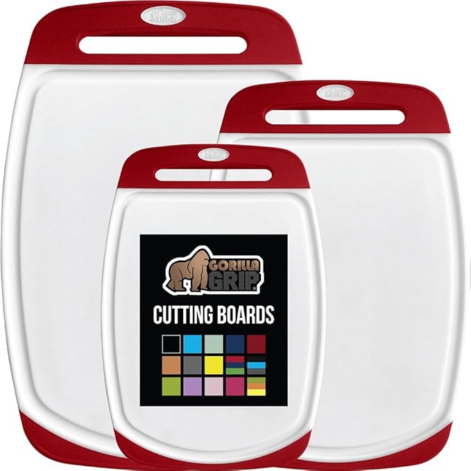 GORILLA GRIP BPA-Free Reversible Kitchen Cutting Board Set of 3, US Designed, Nonporous, Juice Grooves Catch Liquid, Slip Resistant Border, Dishwasher Safe, Durable Large Food Chopping Boards, Red