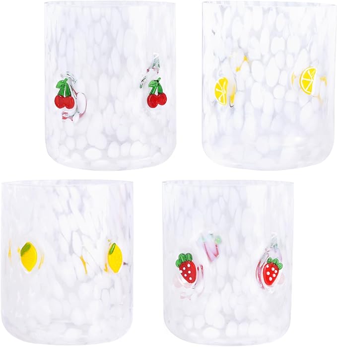 4 PCS 14 Ounce Icon Juice Glasses,Anthropology Glass Cups,Juice Drinking Cups,Four Patterns,Strong and Durable Glasses Are The Great Gifts for Friends!