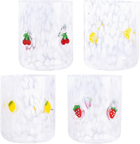 4 PCS 14 Ounce Icon Juice Glasses,Anthropology Glass Cups,Juice Drinking Cups,Four Patterns,Strong and Durable Glasses Are The Great Gifts for Friends!