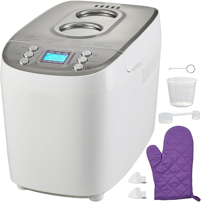 Happybuy 15-in-1 3LB Bread Maker, Gluten-Free, Whole Wheat, Programmable Digital Bread Machine, 3 Loaf Sizes, 3 Crust Colors, White, Nonstick Ceramic Pan