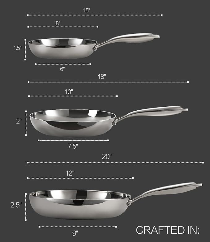 USELUCK Stainless Steel Frying Pan Sets 6 Piece 8, 10 & 12 Inch with Lids, Oven & Dishwasher Safe Fast and Even Heating Stay Cool Handles Non-toxic PFOA Free Stir Fry Pan Skillets Sets