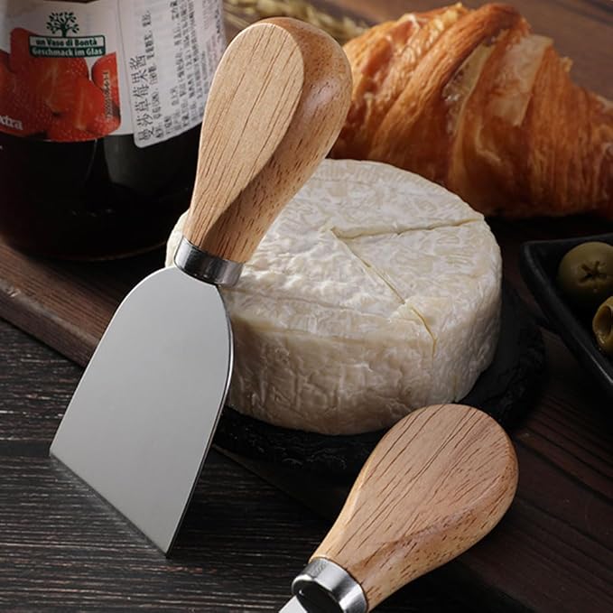 4-Piece Set of Stainless Steel Cheese Knives with Wood Hand, Including Cheese Slicer and Cheese Cutters, Essential Cheese Tools for the Kitchen (Oak handle, Silver)