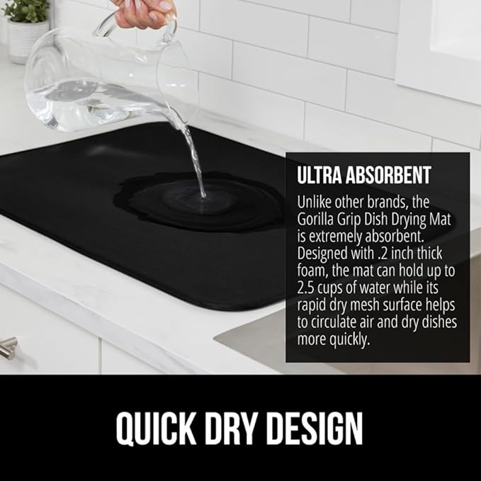 GORILLA GRIP Ultra Water Absorbent Microfiber Dish Drying Mat, Quick Dry Thick Mesh, Slip Resistant Pad for Sink Dishes or Under Rack, Kitchen Counter Accessories, Machine Wash Mats, 18x16 Inch, Black