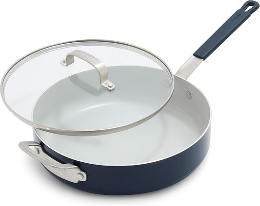 GreenPan x Bobby Flay 4.5QT Nonstick Saute Pan with Glass Lid, PFAS-Free Diamond Ceramic, Induction Suitable, Stay-Cool Silicone Handle, Easy Clean Dishwasher & Oven Safe, Navy Blue