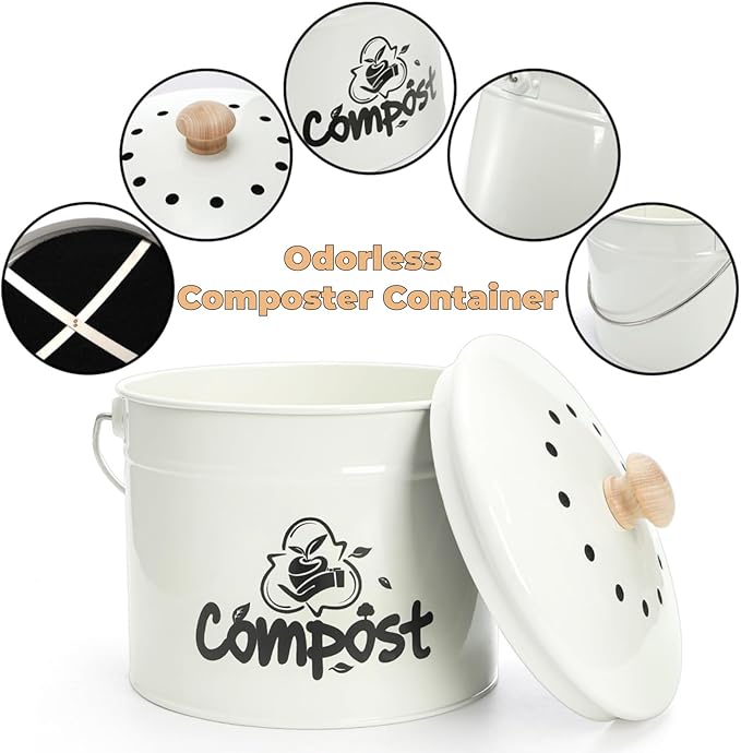 Small Kitchen Compost Bin, 1 Gallon Odorless Composter Container, Food Waste Bucket with Charcoal Filter Lid, Indoor Farmhouse Composting Pail Canister for Trash Scraps, Carrying Handle