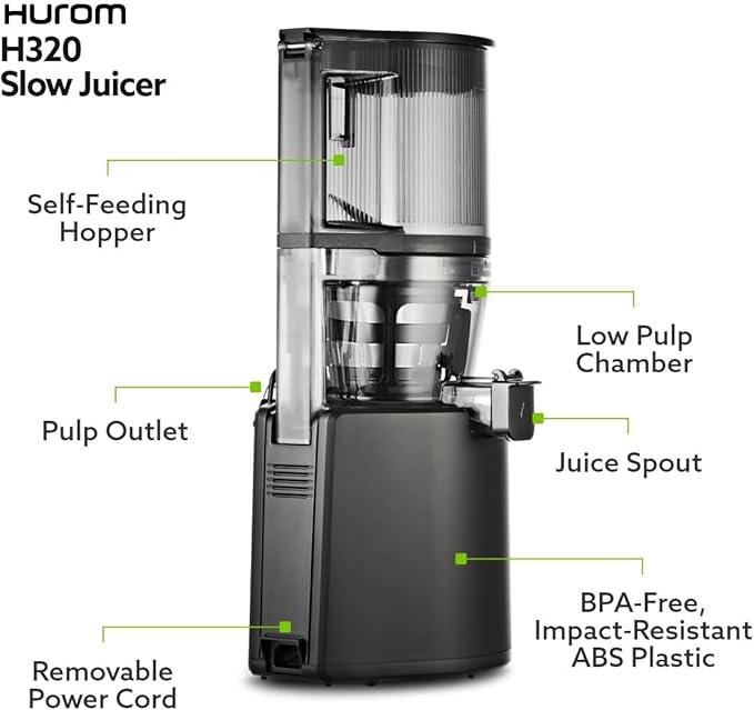 Hurom H320 Cold Press Juicer Machine, Easy to Clean Masticating Slow Juicer, Coarse Strainers, Self-Feeding, Hands Free, Family Size, Quiet Motor, Easy Assembly (Black)