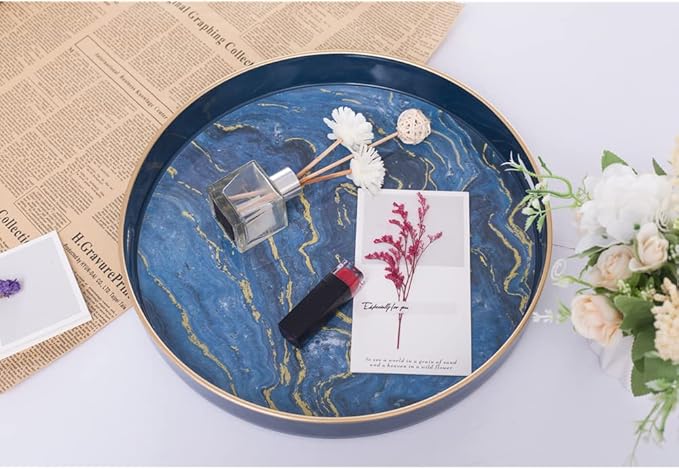 MAONAME 13" Round Decorative Tray, Marbling Plastic Tray with Handles, Coffee Table Trays for Ottoman, Kitchen, Bathroom, Blue