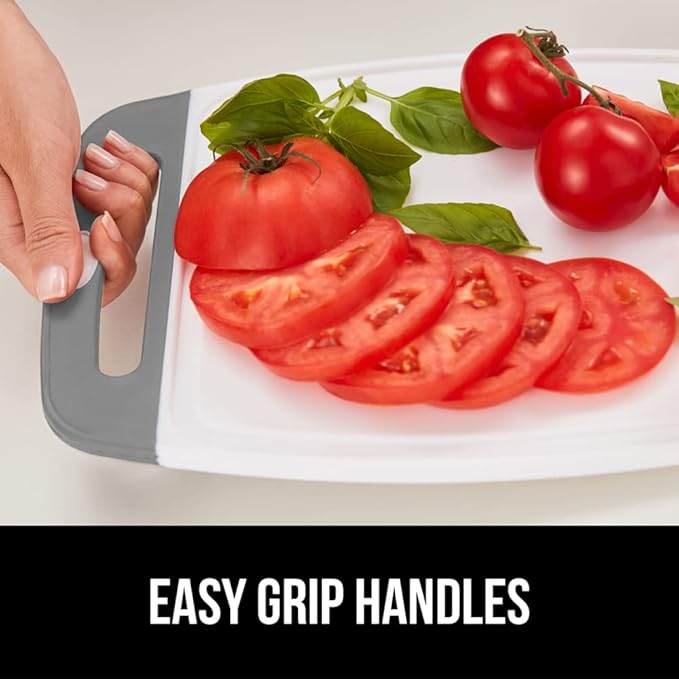 GORILLA GRIP BPA-Free Reversible Kitchen Cutting Board Set of 3, US Designed, Nonporous, Juice Grooves Catch Liquid, Slip Resistant Border, Dishwasher Safe, Durable Large Food Chopping Boards, Gray