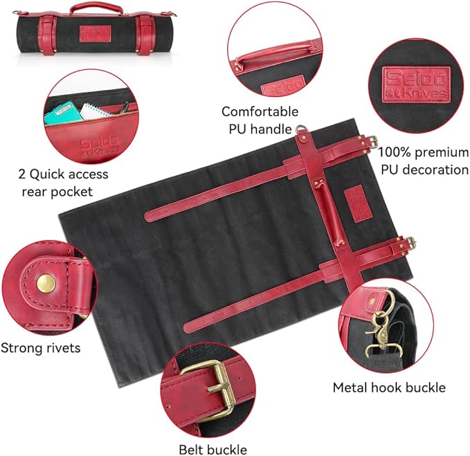 Seido Knives Professional Knife Roll Bag - Heavy Duty Canvas & Leather, Holds 18 Knives and Culinary Tools Including 12 Large Knives, with 4 Slots for Utensils and 2 Large Meat Cleavers