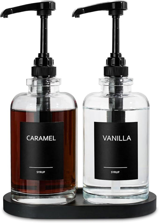 Coffee Syrup Dispenser for Coffee Bar, Glass Syrup Dispenser with 1/4oz Large Capacity Pump, Coffee Syrup Pump Dispenser for Coffee Station, 16.9 fl oz Maple Syrup Bottles for Coffee Bar