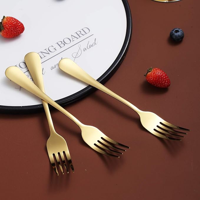 Gold Dinner Forks of 4, Berglander 7.9" Stainless Steel Titanium Shiny Gold Plating Fork Set, Forks And Spoons Silverware, Golden Table Forks Set Sturdy And Dishwasher Safe