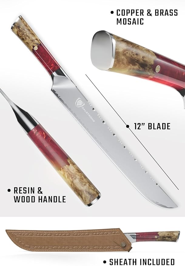 Dalstrong Slicing Knife - 12 Inch Slicer - Valhalla Series - 9CR18MOV HC Steel - Red Resin & Wood Handle - Razor Sharp - Carving, BBQ, Brisket - With Leather