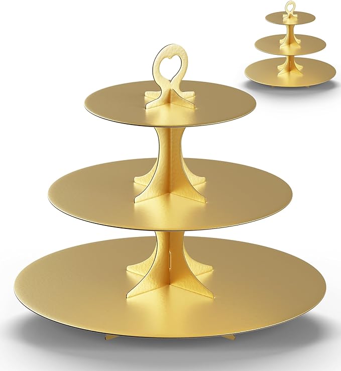 Cupcake Stand Tower 2 Pack, BLISSUR Gold Cupcake Stand, 3 Tier Cup Cake Stand Cardboard Matte Golden (Cardboard Gold, 2 Pack)