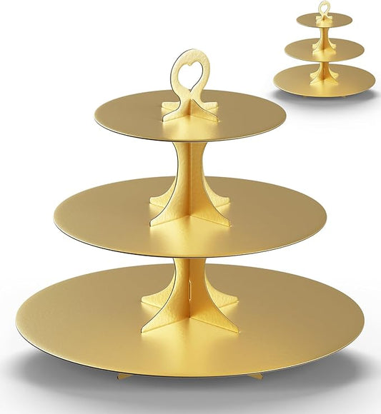 Cupcake Stand Tower 2 Pack, BLISSUR Gold Cupcake Stand, 3 Tier Cup Cake Stand Cardboard Matte Golden (Cardboard Gold, 2 Pack)