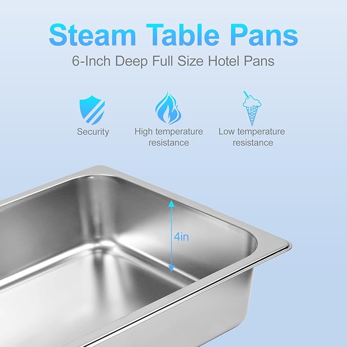 Carivia 6 Pack Hotel Pans, 1/1 Size 4" Deep Stainless Steel Trays for Food, 20.8" L x 13" W Catering Food Pan Commercial Table Pan for Hotel, Restaurant, Buffet, Party Supplies