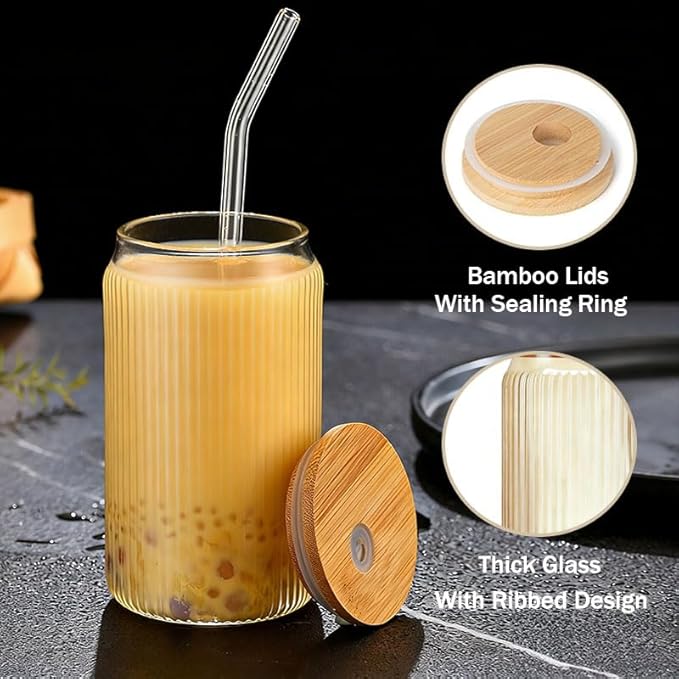 2 PCS Glass cups with Lids and Straws, 16 OZ Iced Coffee Cups, Ribbed Glass Tumbler with Straw and Bamboo Lid, Thick Drinking Beer Glasses for Coffee, Juice, Match Cup with Cleaning Brush (Yellow)