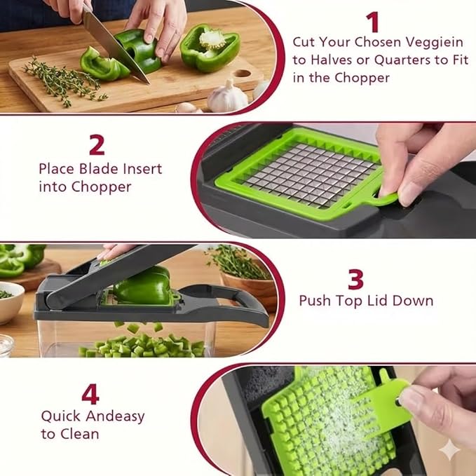 Mandoline Vegetable Chopper Pro, 16-in-1 Kitchen Food Slicer and Dicer with Container, 8 Interchangeable Blades, Gray and Green