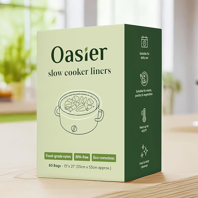 Oasier Slow Cooker Liners, Disposable Oval Large Size 13" x 21", 60 Count, Fits 3-8 Quart Pot Cooking Bags for Easy Cleanup, Food Safe & Leak-Proof