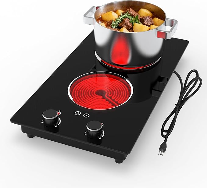 2 Burner Electric Cooktop - 12" Infrared Electric Stove Top with Knob Control, Countertop & Built-in, 2100W Ceramic Electric Hot Plate with 9 Power Levels, Child Lock, Timer, Residual Heat Warning
