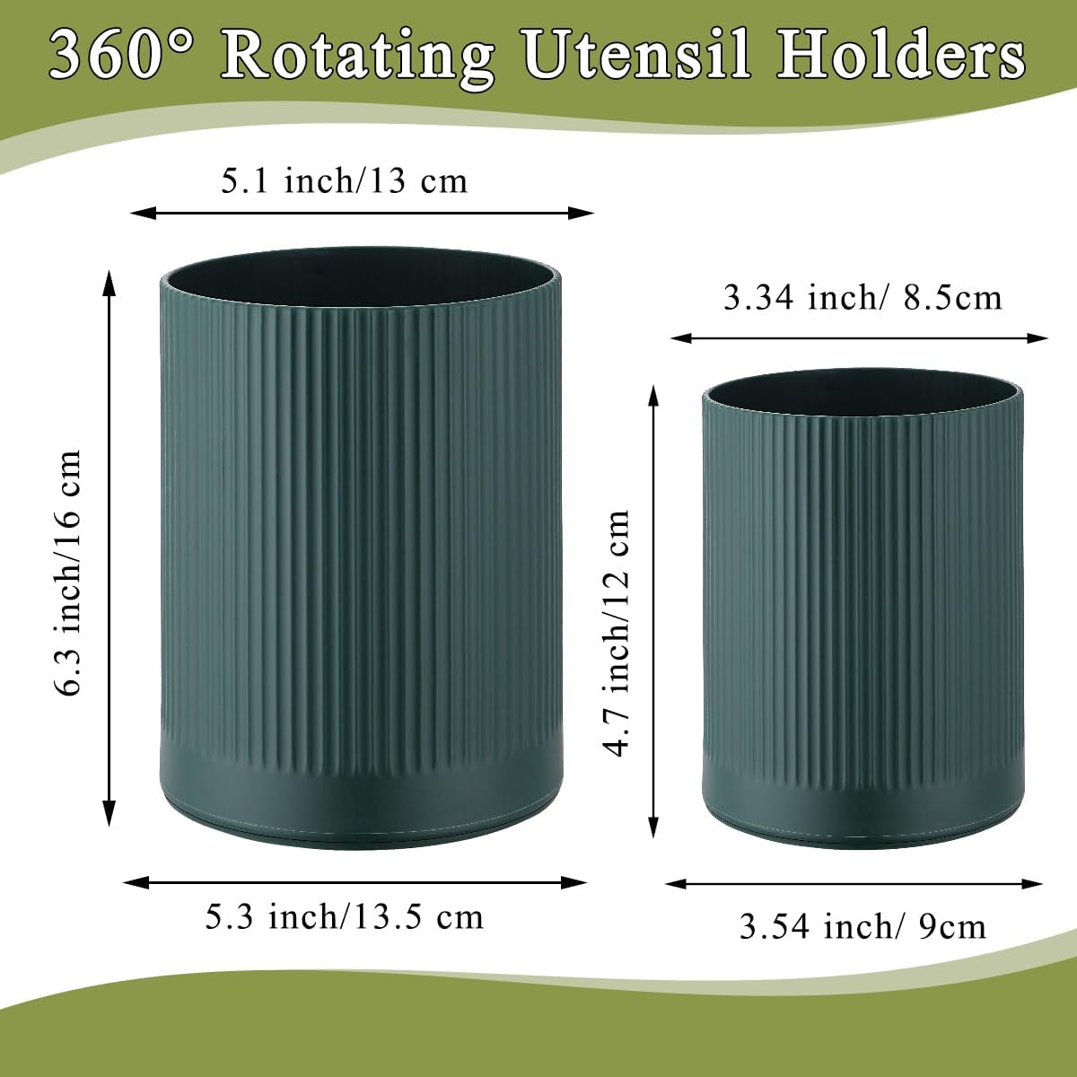 HOMQUEN 360° Rotating Utensil Holder, 6.3''+4.7'' Plastic Kitchen Utensil Holder for Countertop, Large Cooking Utensil Crocks for Kitchen Decor, Utensil Organizer for Spatula, Set of 2 (Green)