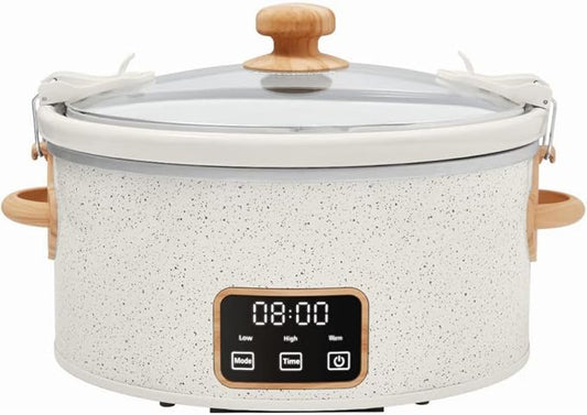 Pioneer Woman 6-Quart Programmable Digital Slow Cooker with Locking Lid – Portable Design & Dishwasher Safe (Linen White)