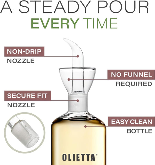 Olietta Olive Oil Dispenser Bottle Borosilicate Glass - Non Drip Oil Dispenser for Kitchen, Leak Proof Vinegar Drizzler Cruet, Easy Clean, 17 Ounces, Modern