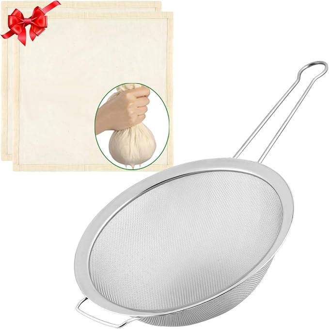 Large Fine Mesh Strainer with Sturdy Handle, 8.66” Stainless Steel Strainers, Bonus 20x20 Inch Reusable Cotton Cheese Cloths with 4 Hemmed Edges, Sieve Sifter for Straining, Cooking, Baking