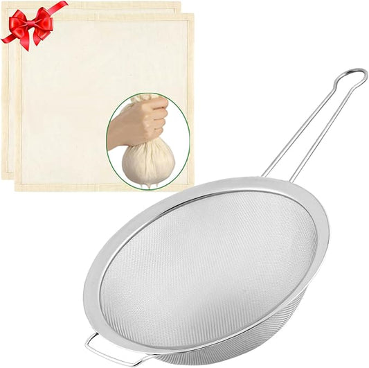 Large Fine Mesh Strainer with Sturdy Handle, 8.66” Stainless Steel Strainers, Bonus 20x20 Inch Reusable Cotton Cheese Cloths with 4 Hemmed Edges, Sieve Sifter for Straining, Cooking, Baking