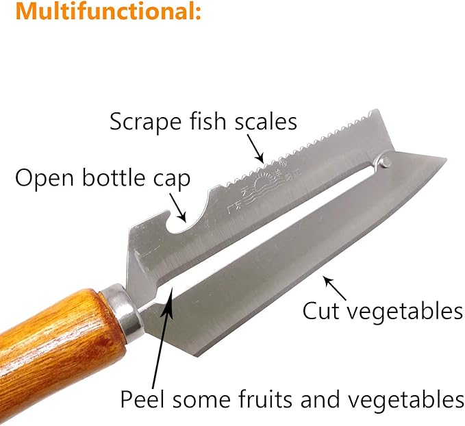 Honbay Sharp Multifunctional Stainless Steel Wooden Handle Knife Fruits Peeler Vegetables Knife Fish Scales Scraper Bottle Opener